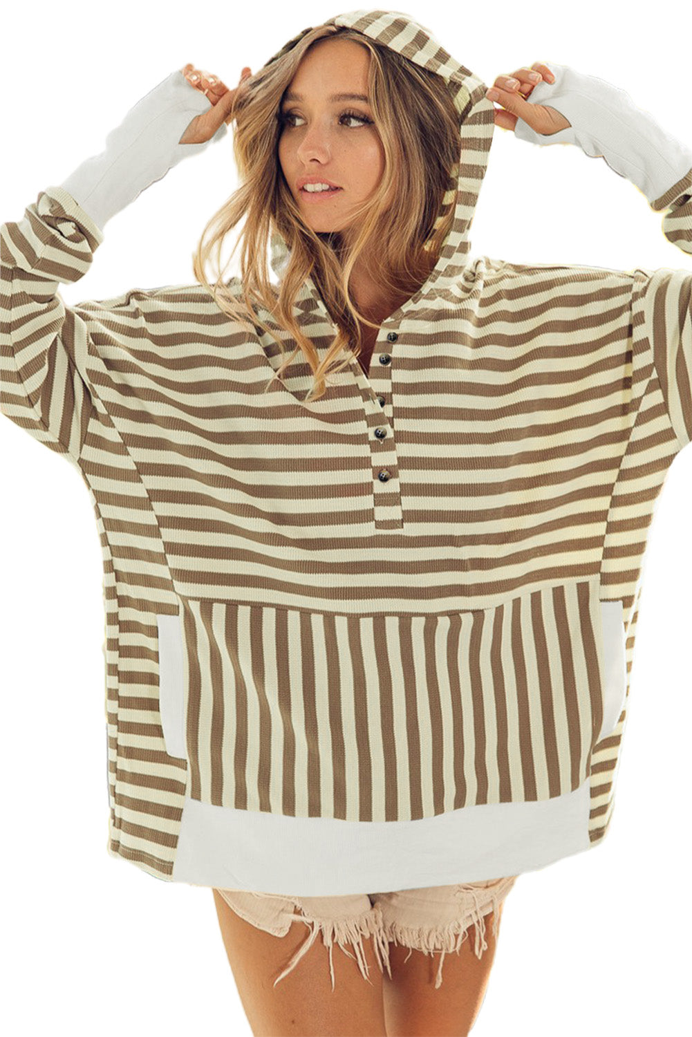 Khaki Striped Snap Button Thumbhole Long Sleeve Pullover Hoodie
