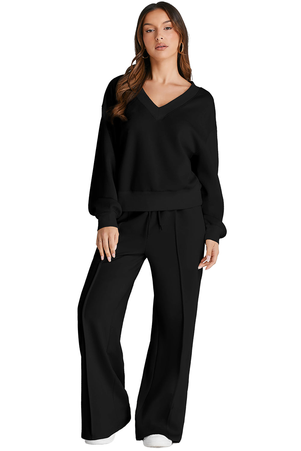 Black V Neck Cropped Sweatshirt & Seamed High Waist Pants Set